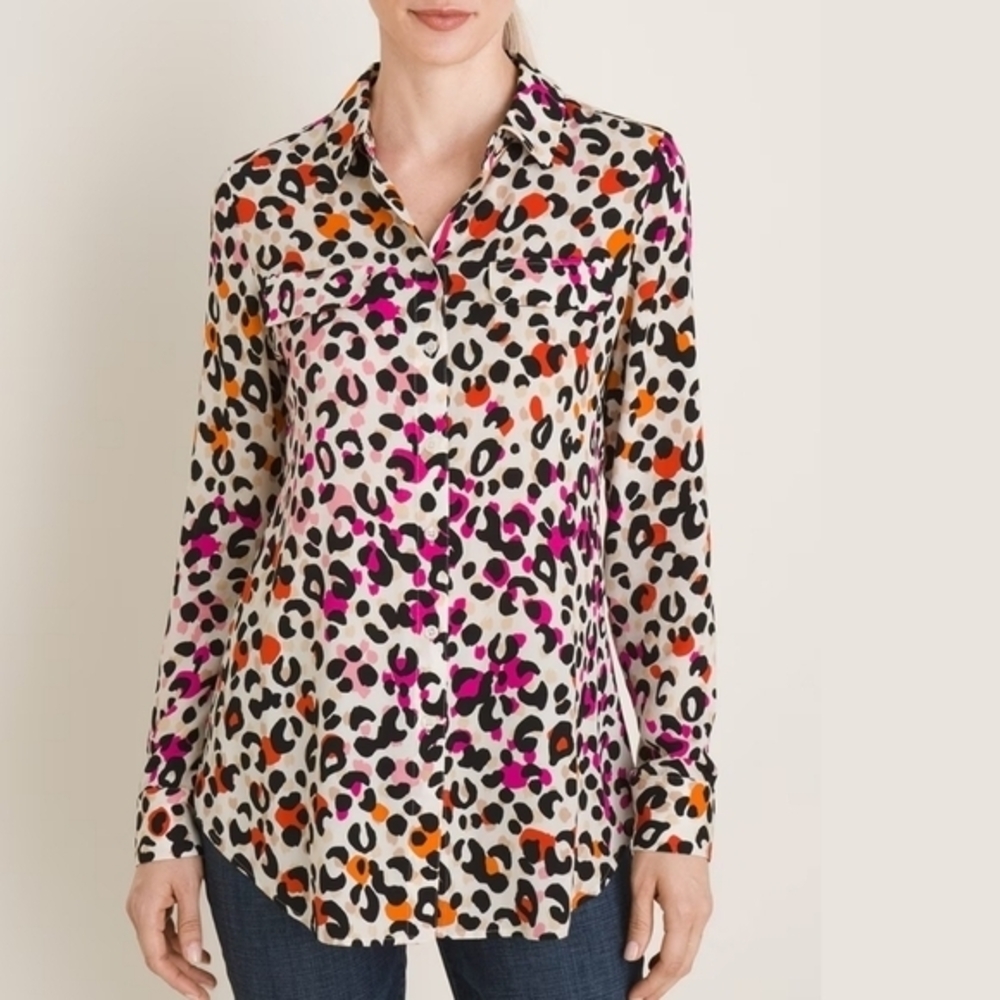 Chico's Women's Animal‎ Print Easy Shirt Leopard Button Up Top Rayon Blouse